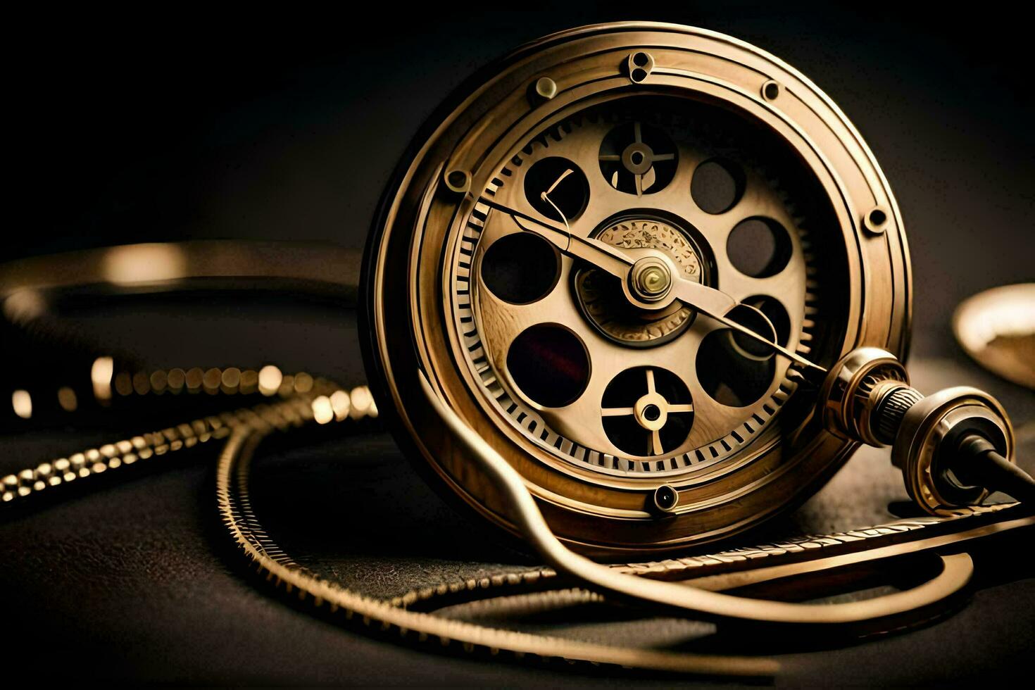 a gold pocket watch with a chain and a chain. AI-Generated photo