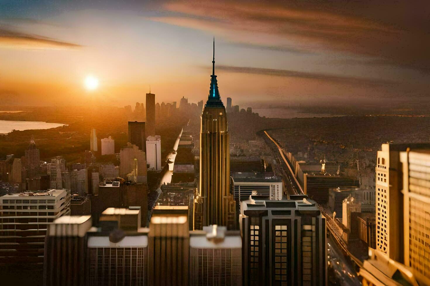 the empire state building is seen in the sunset. AI-Generated photo