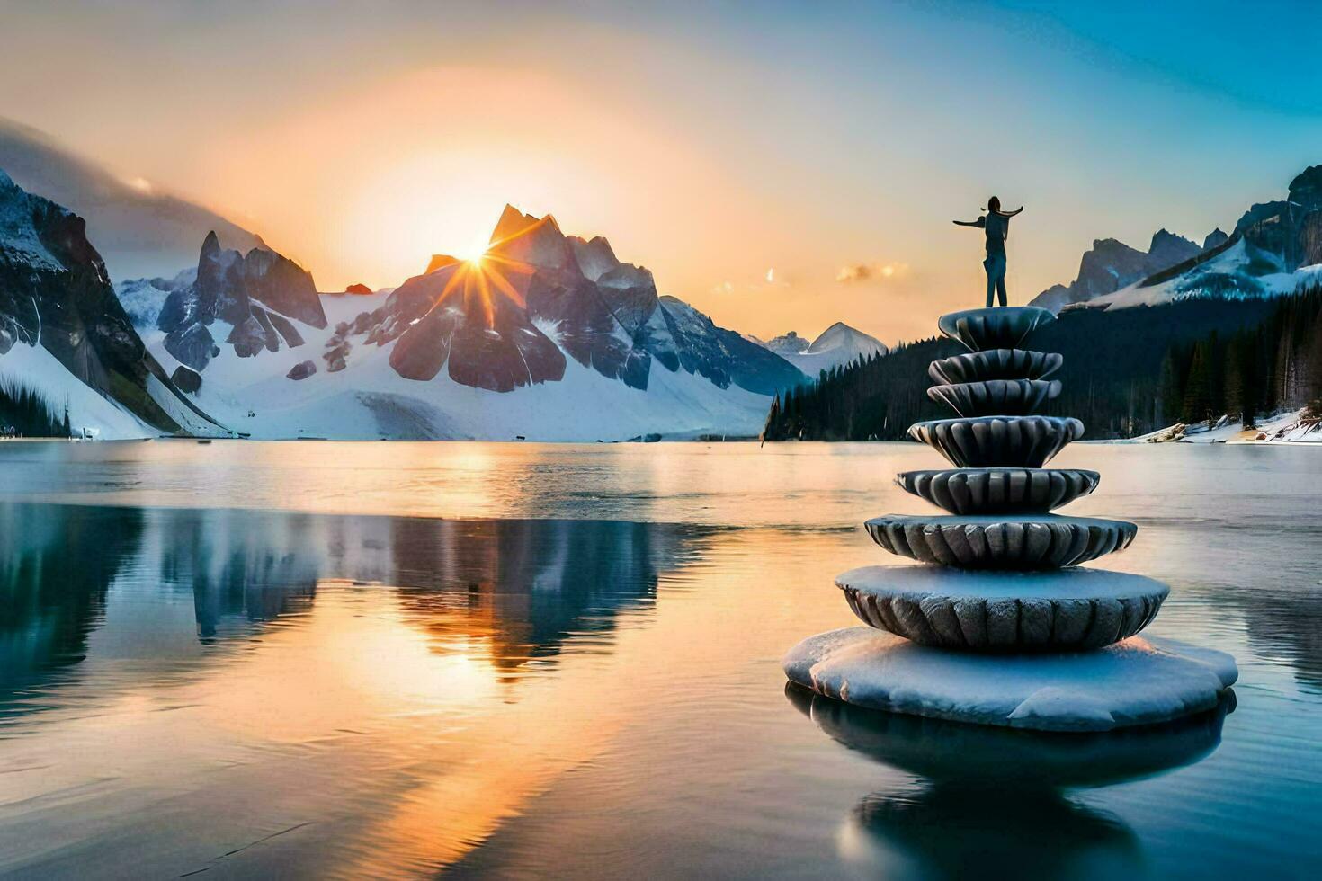 a statue stands on top of a stack of stones in the middle of a lake. AI-Generated photo