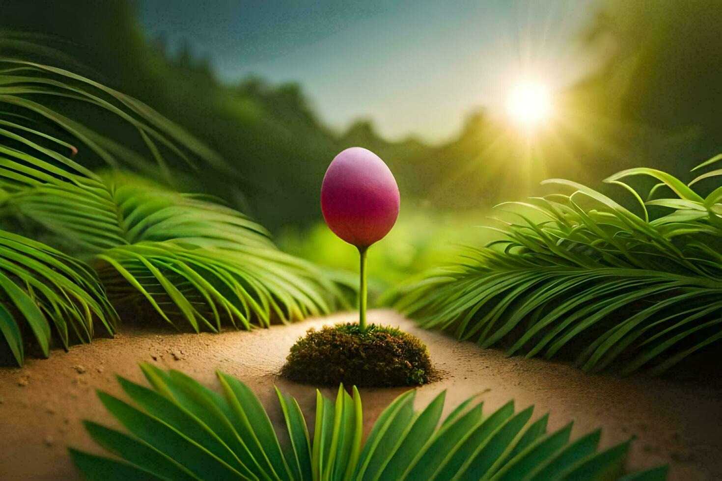a pink egg growing in the middle of a field. AI-Generated photo