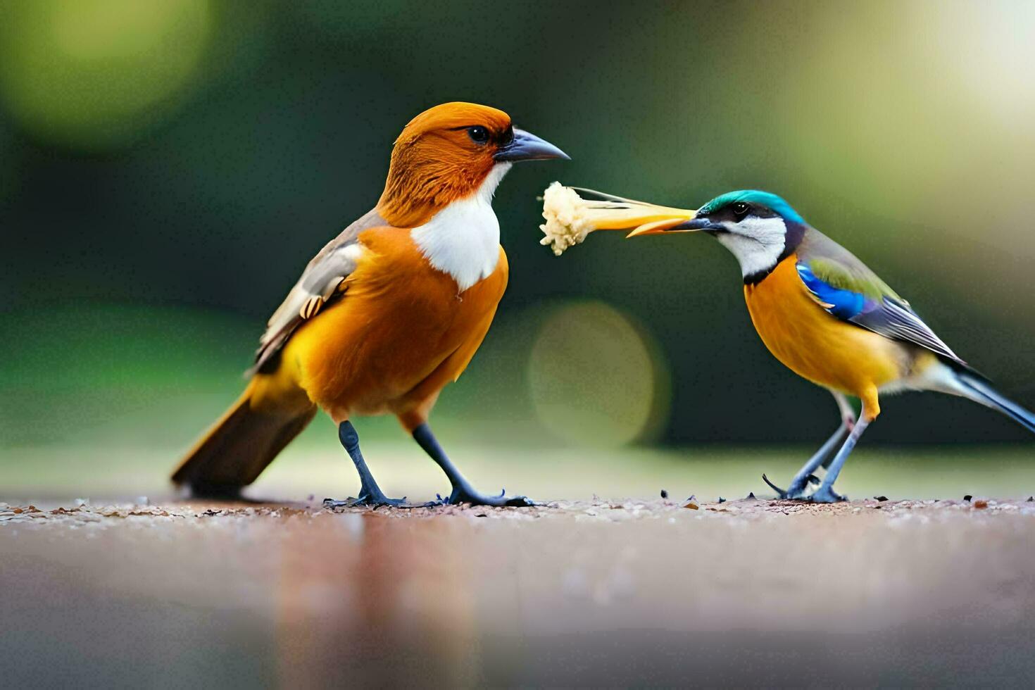 two birds standing on the ground with food in their beaks. AI-Generated photo