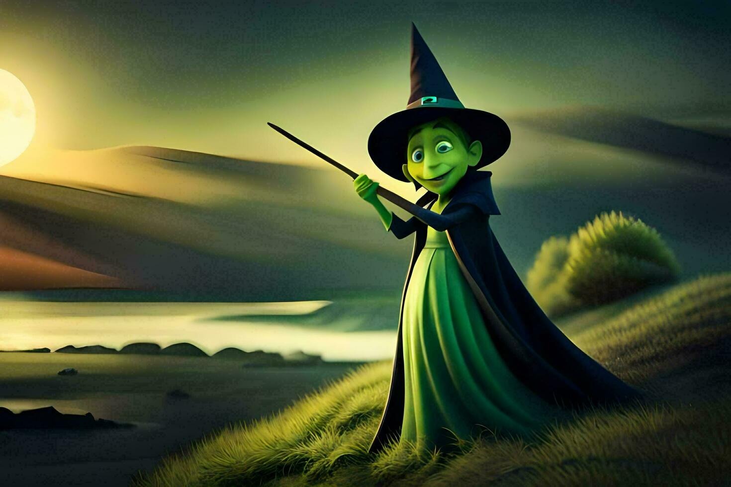 the witch is holding a wand in front of a full moon. AI-Generated photo