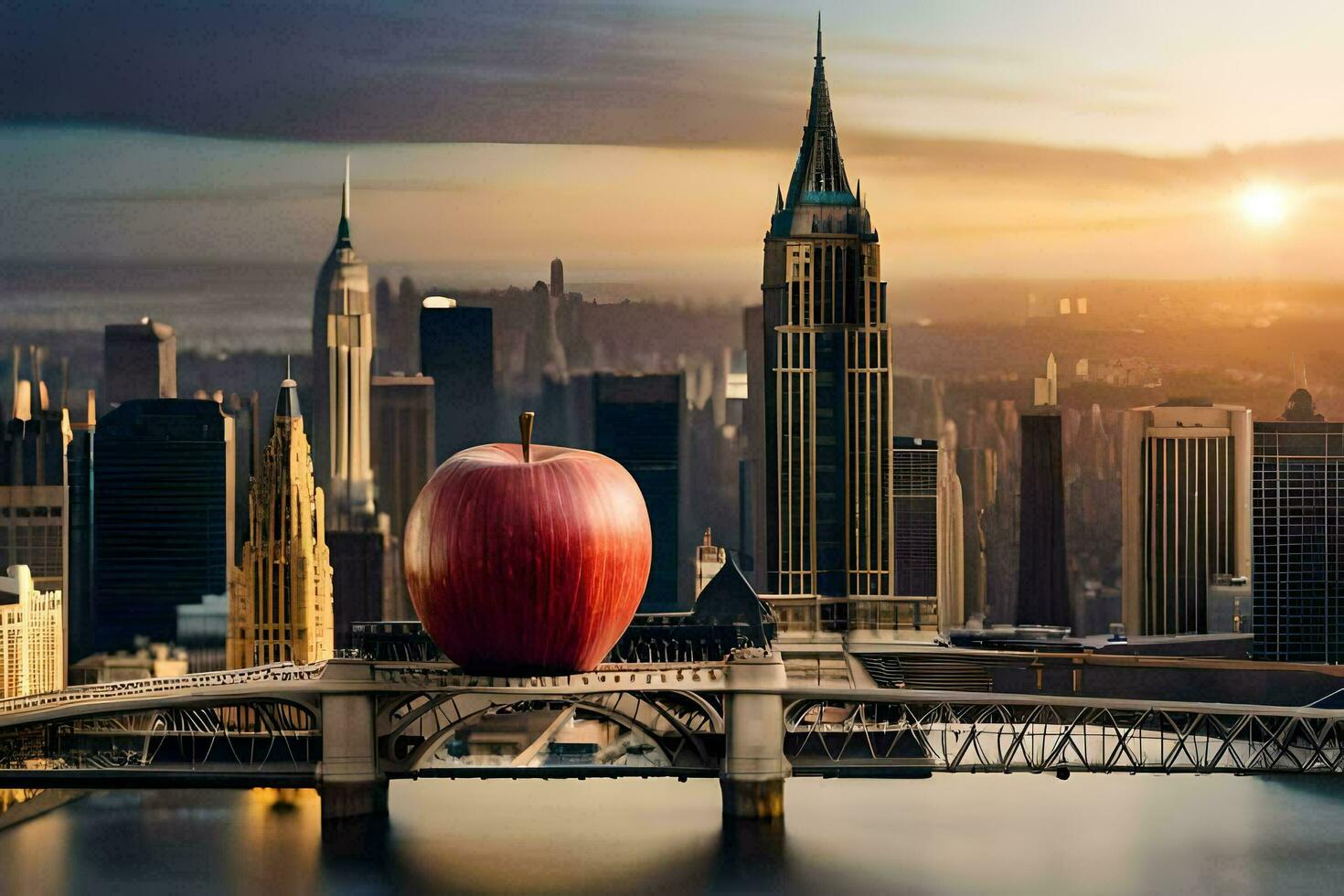 un manzana es sentado en un puente terminado un ciudad. generado por ai foto