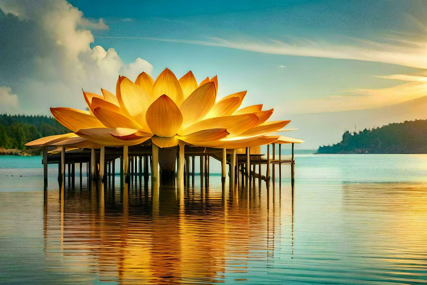 a large lotus flower sits on the water in front of a dock. AI-Generated photo