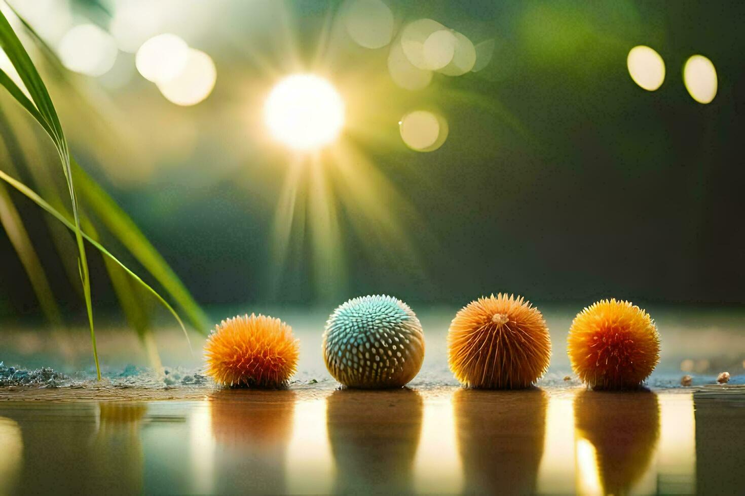 four balls of different colors sitting on the ground. AI-Generated photo