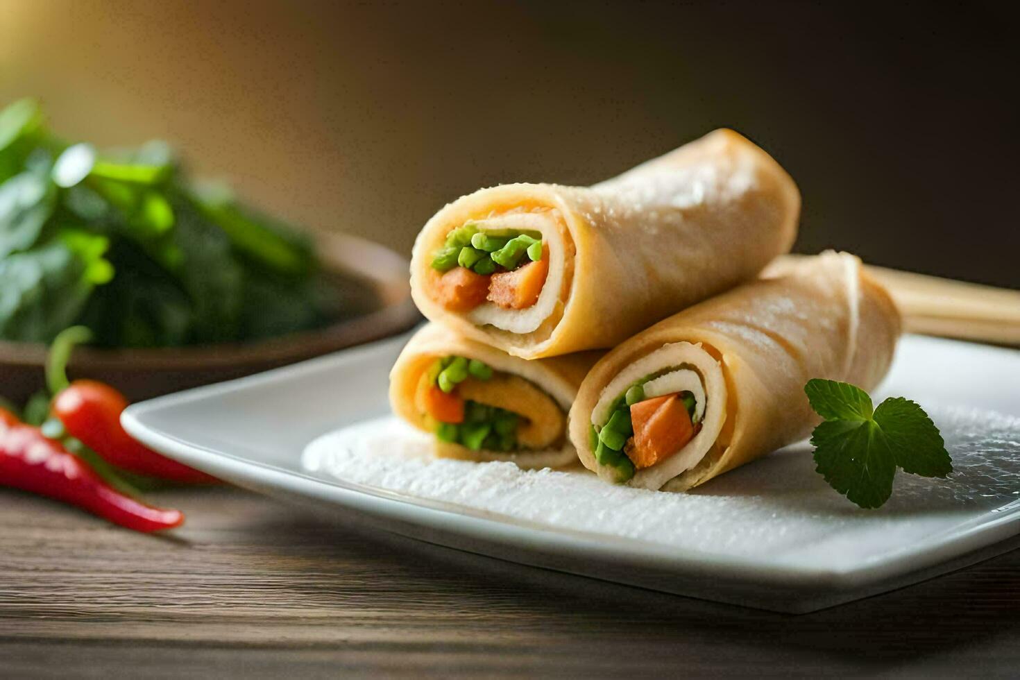 a plate with two spring rolls and vegetables. AI-Generated photo