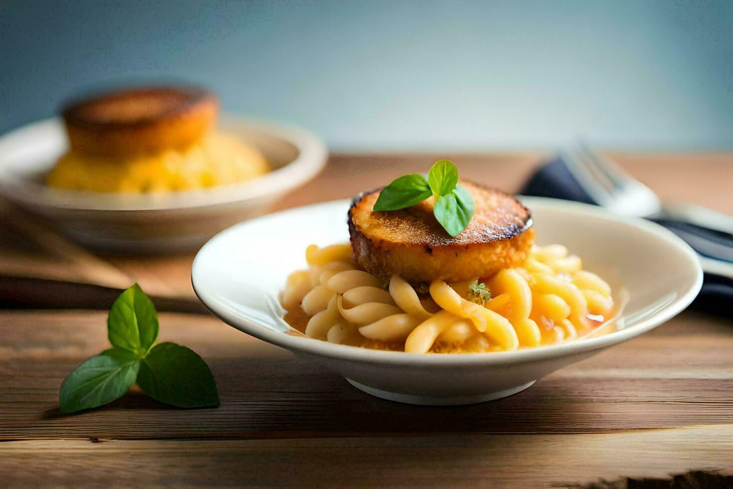a plate of pasta with scallops and a fork. AI-Generated photo