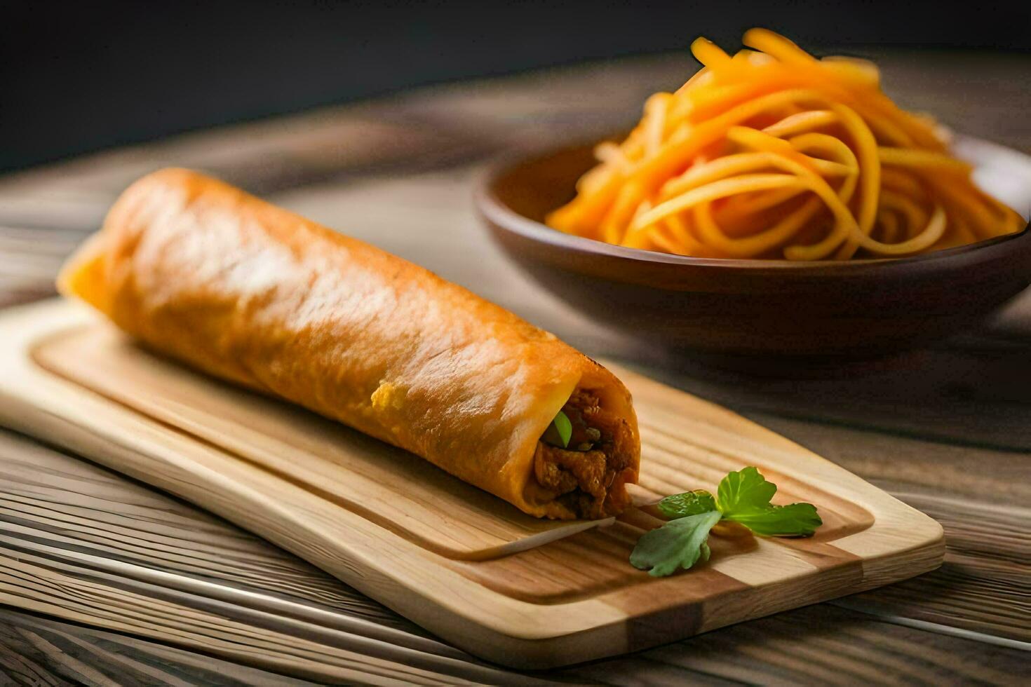 chinese food on a wooden table. AI-Generated photo