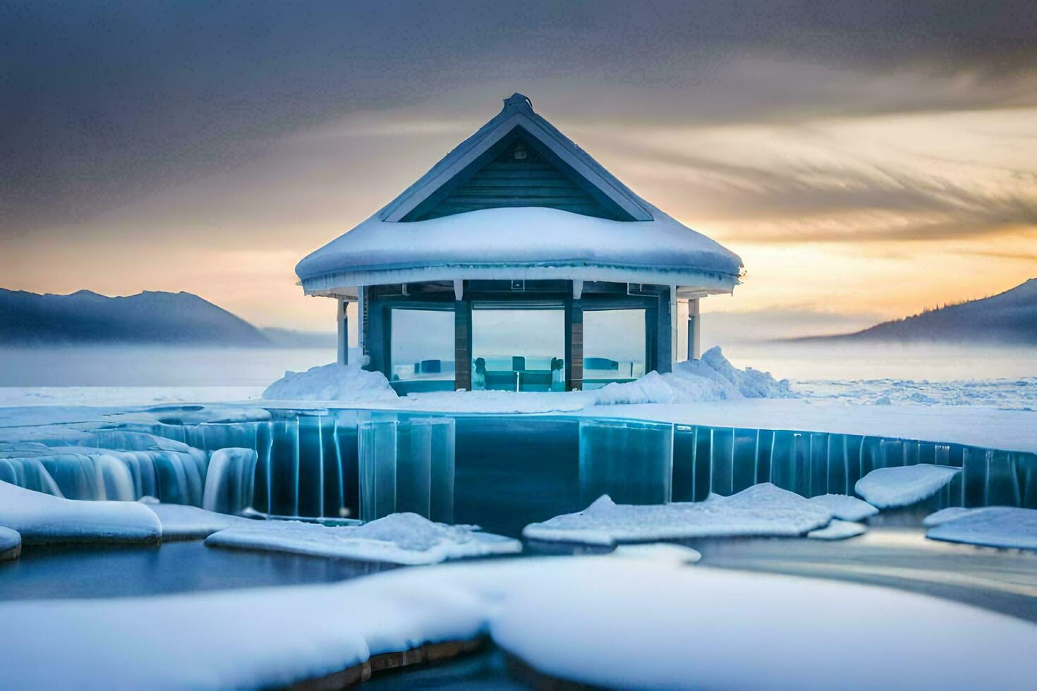 a gazebo sits on the edge of a frozen lake. AI-Generated photo