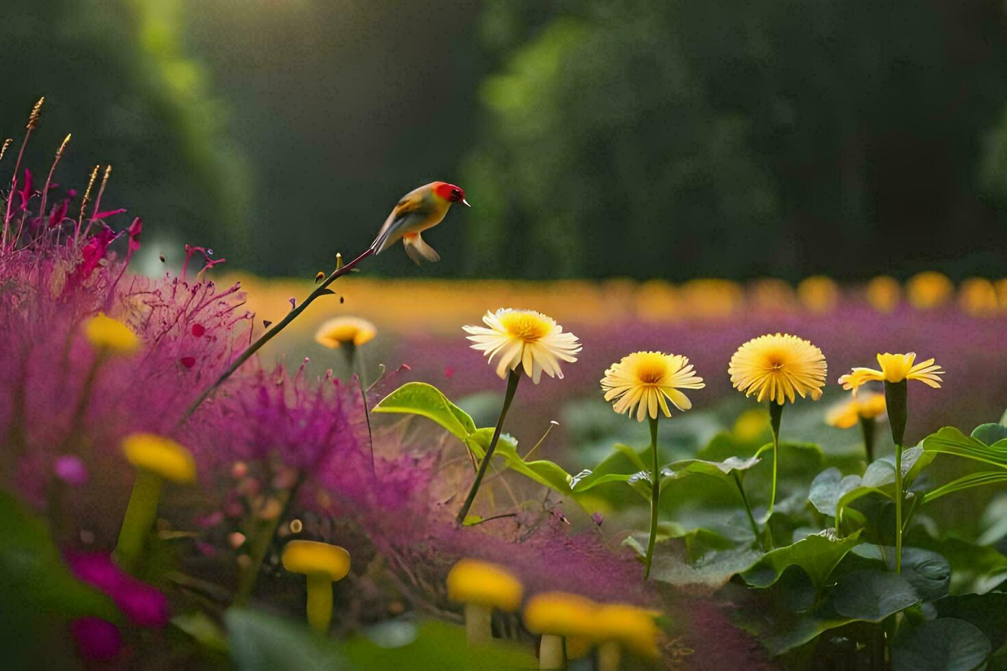 un pájaro es encaramado en un flor en un campo. generado por ai foto