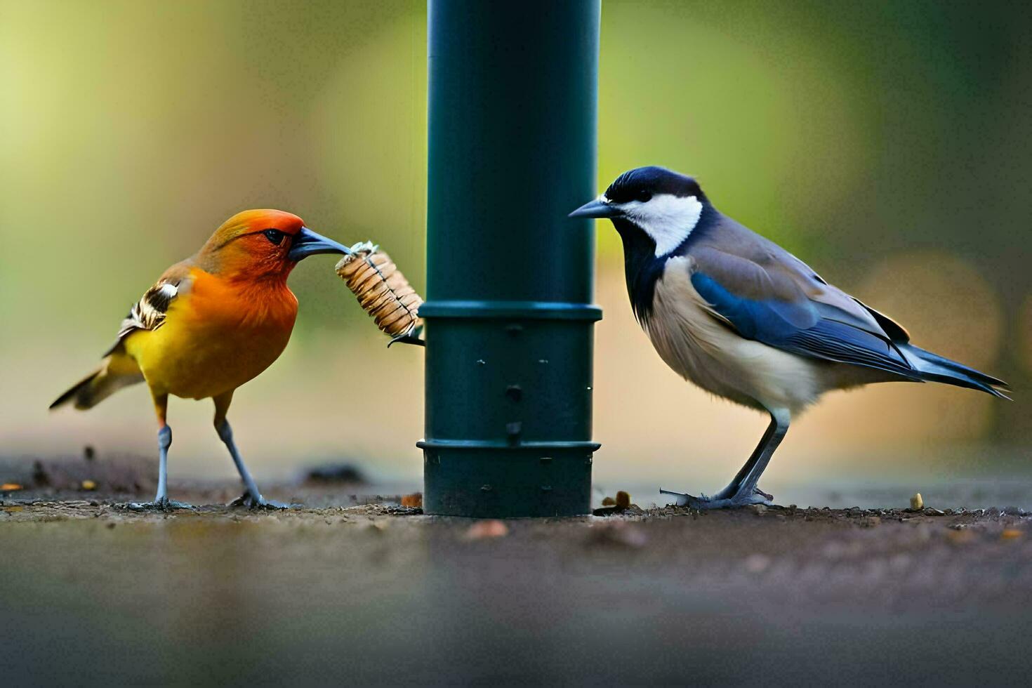 two birds standing next to a pole with a bird feeder. AI-Generated photo