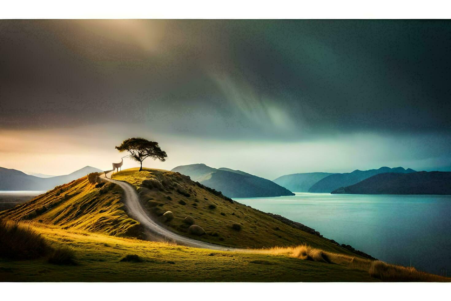 a lone tree on a hill overlooking the ocean. AI-Generated photo