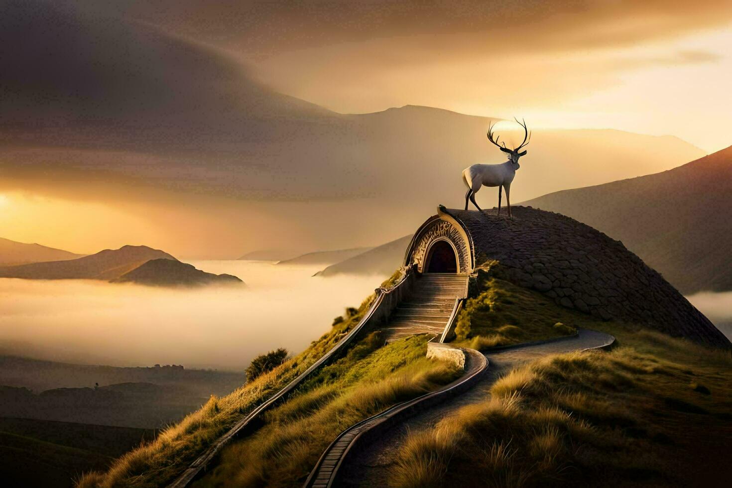 the deer is standing on top of a hill with a path leading to it. AI-Generated photo