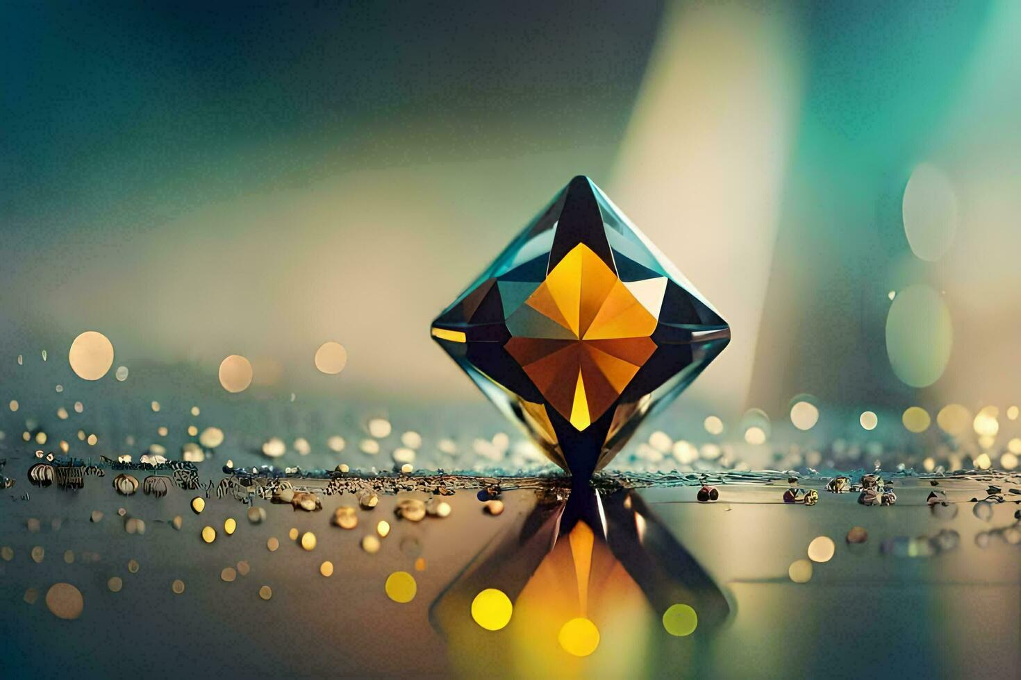 a diamond is sitting on a table with water droplets. AI-Generated photo