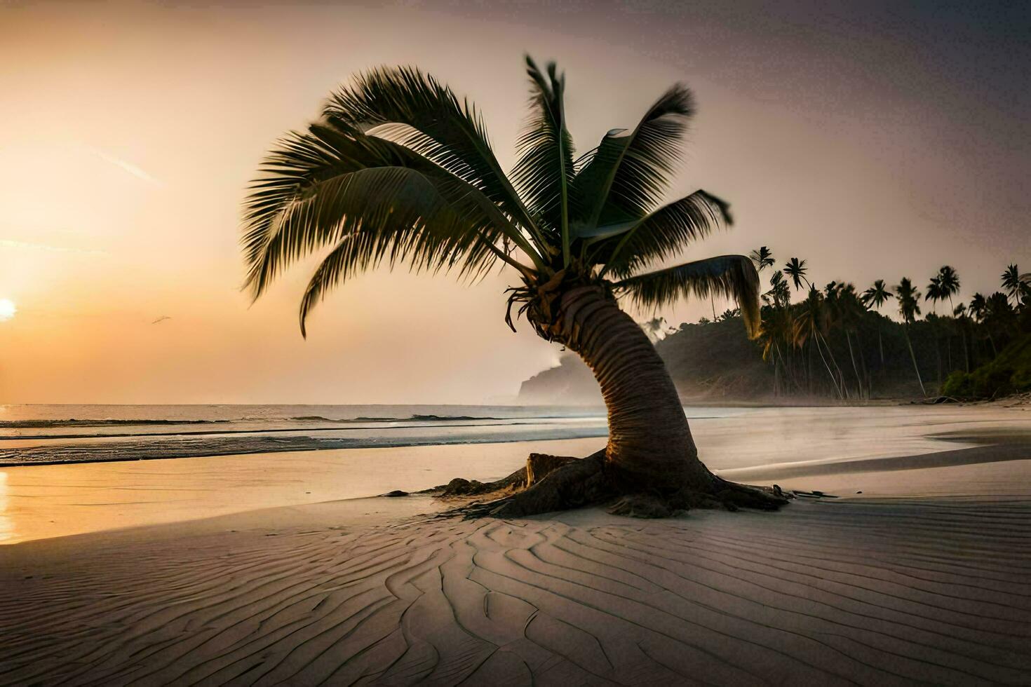 a palm tree stands on the beach at sunset. AI-Generated photo