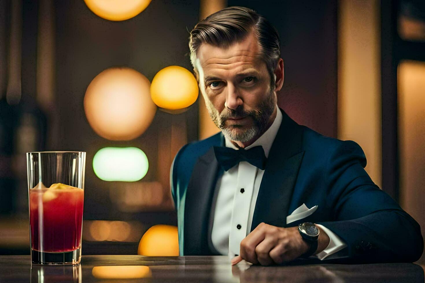 a man in a suit and tie sitting at a bar. AI-Generated photo
