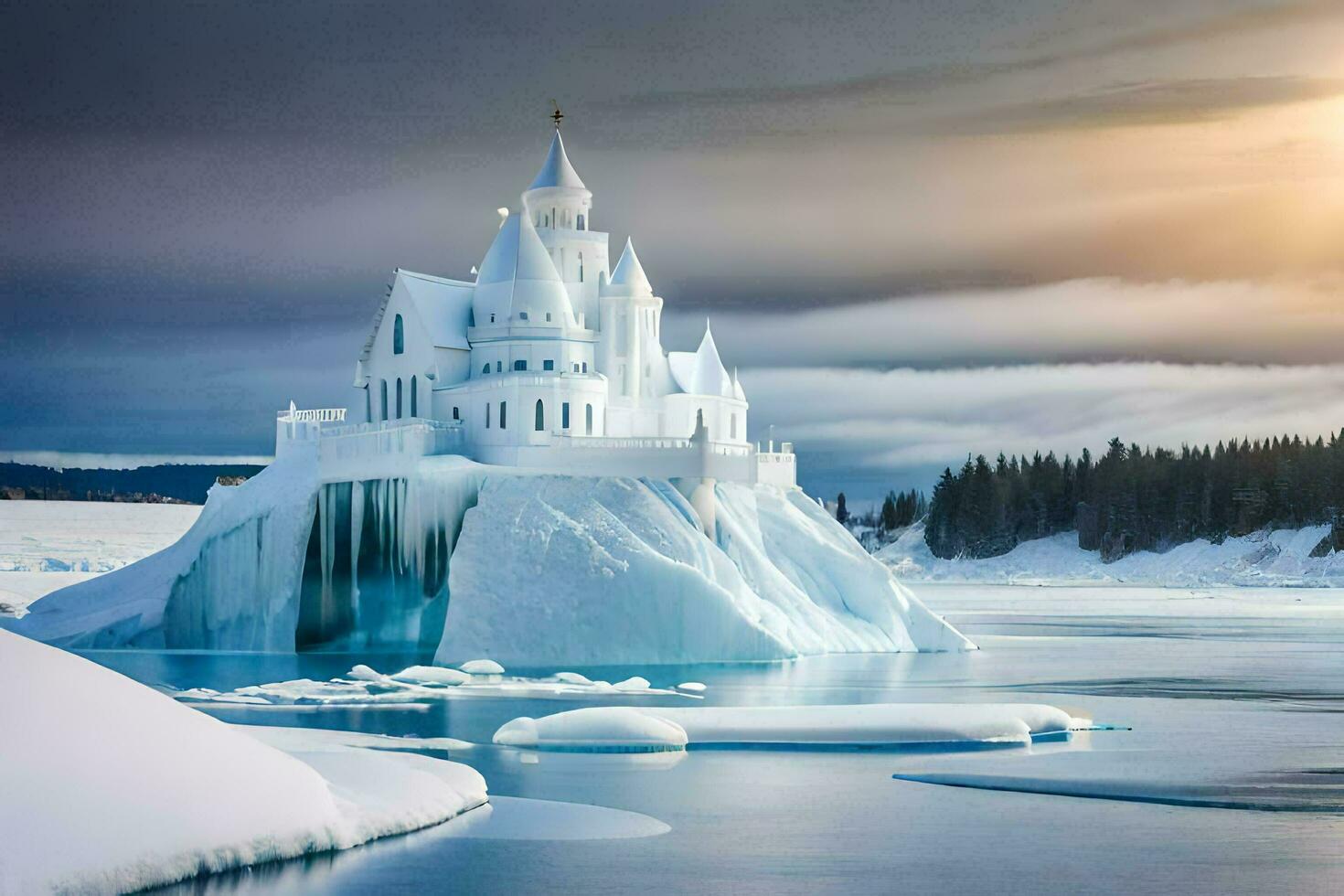 a castle made of ice floats on the water. AI-Generated photo