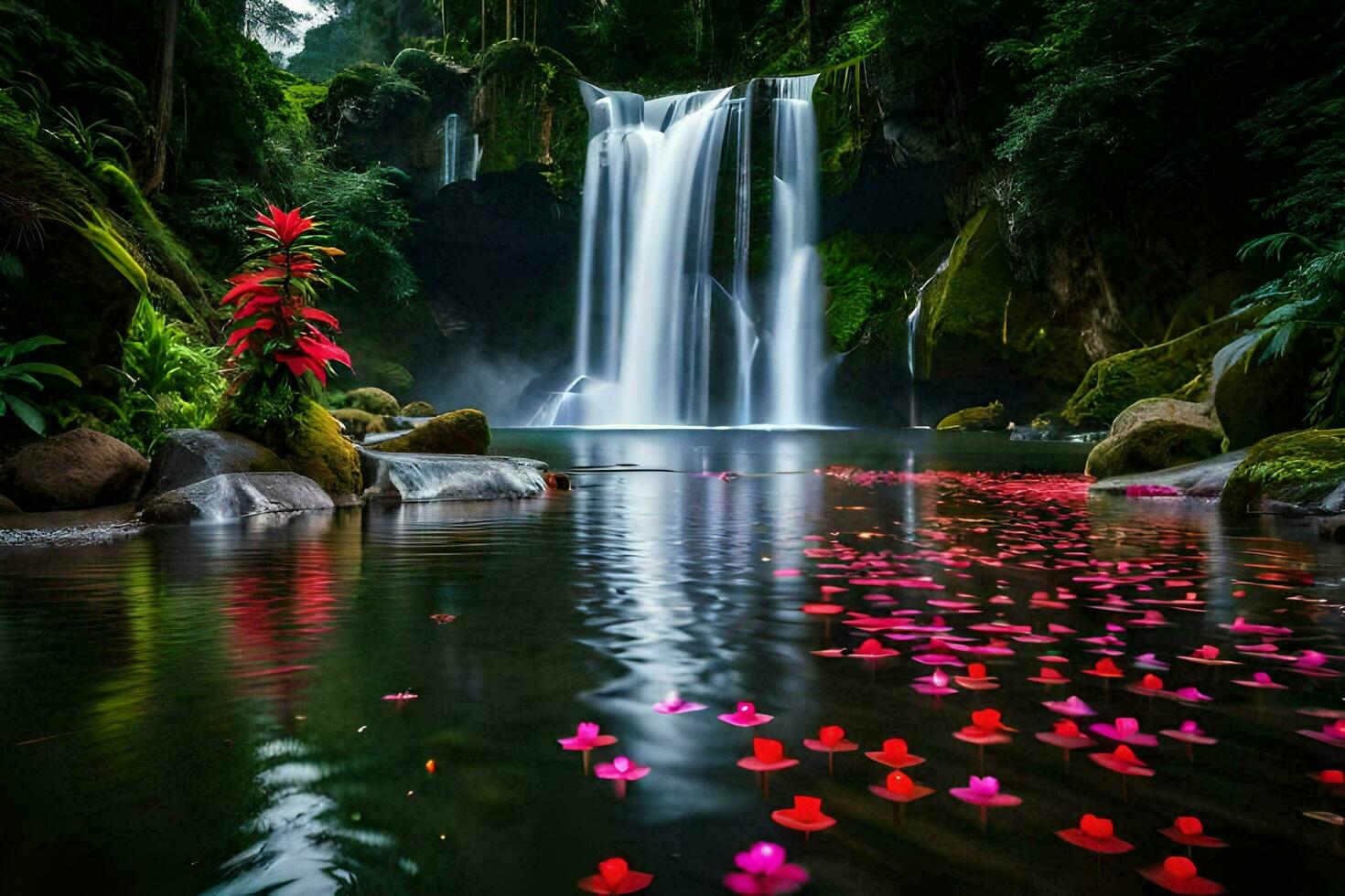 waterfall in the jungle with pink flowers. AI-Generated 32260103 Stock