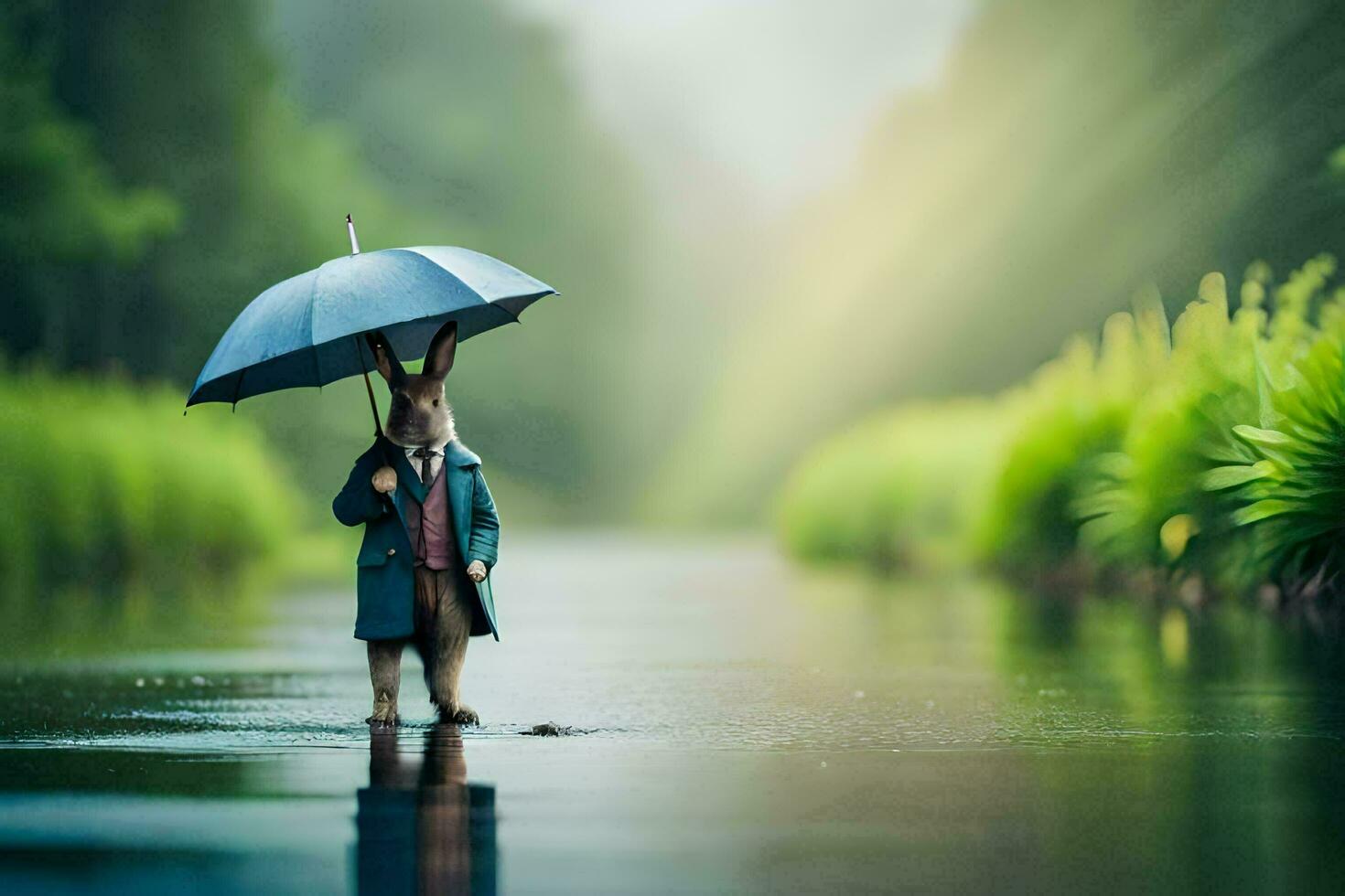 a rabbit is standing in the middle of a river with an umbrella. AI-Generated photo