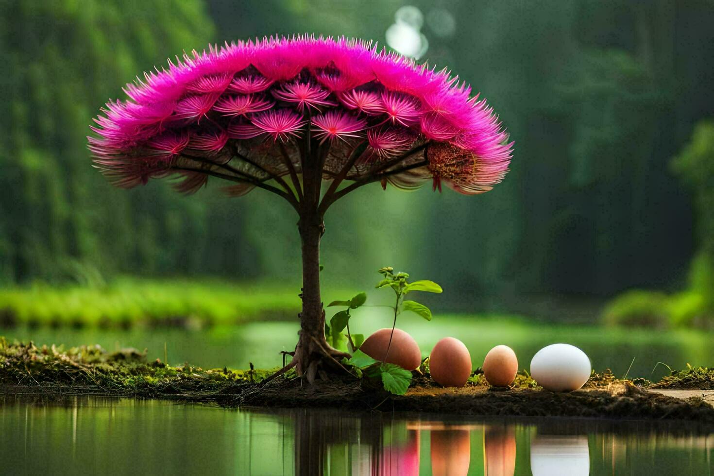 a pink tree with eggs on it in the middle of a pond. AI-Generated photo