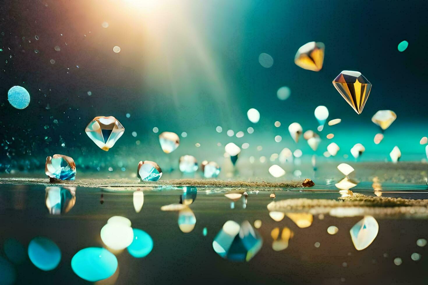 diamonds floating in water with a light shining on them. AI-Generated photo