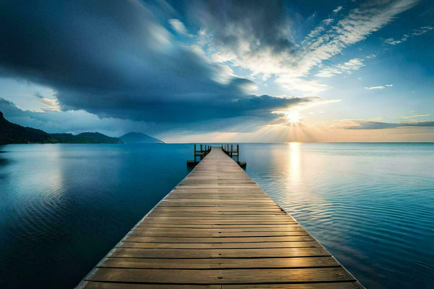 a wooden dock stretches out into the ocean at sunset. AI-Generated photo