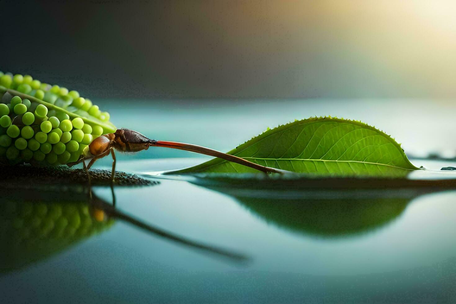 a bug on a leaf with water. AI-Generated photo