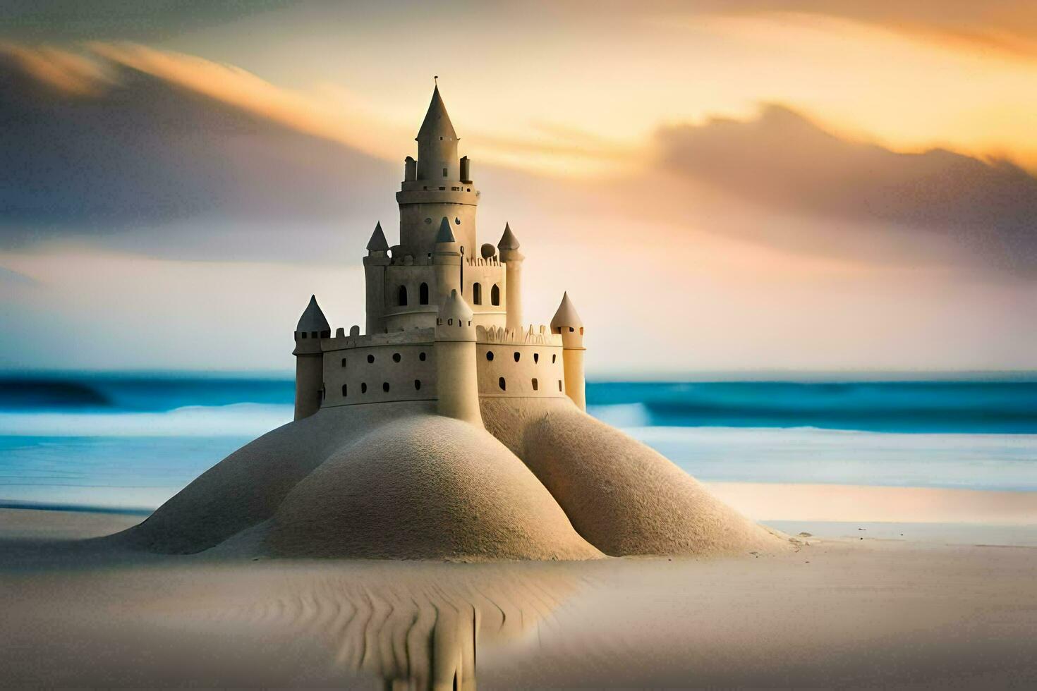 a sand castle on the beach at sunset. AI-Generated photo