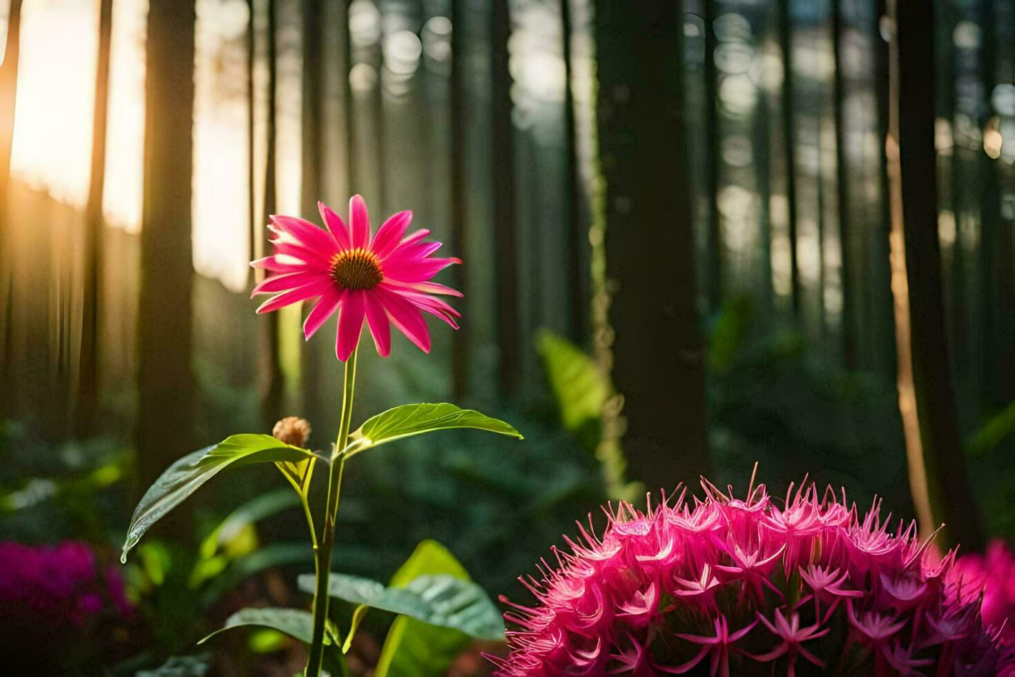 pink flower in the forest at sunset. AI-Generated photo