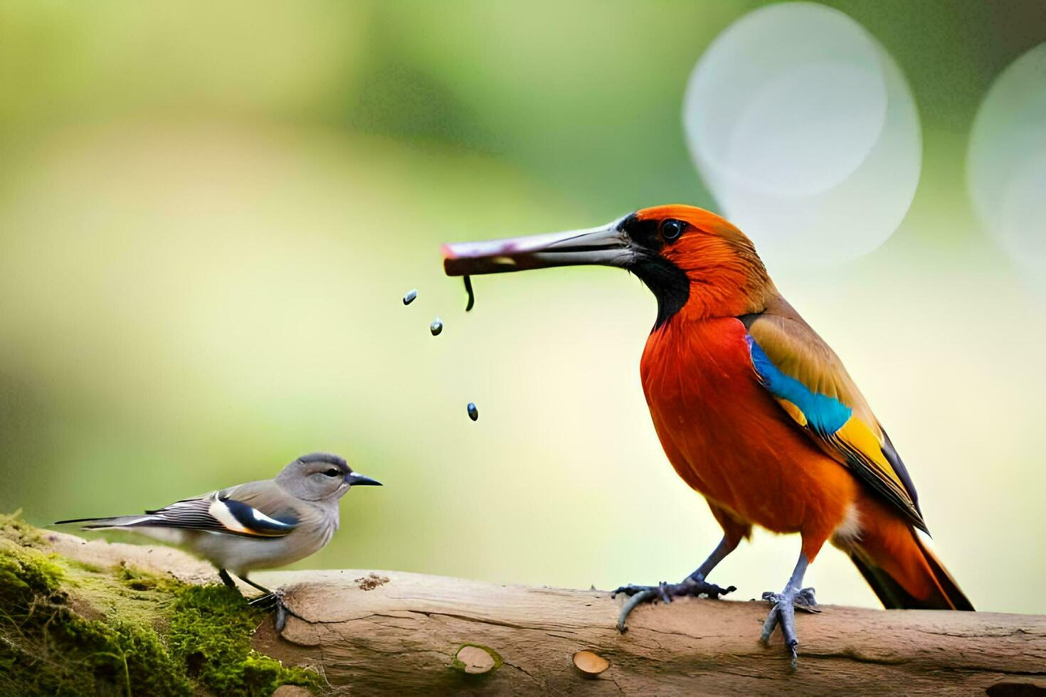 a colorful bird feeds a small bird on a branch. AI-Generated photo