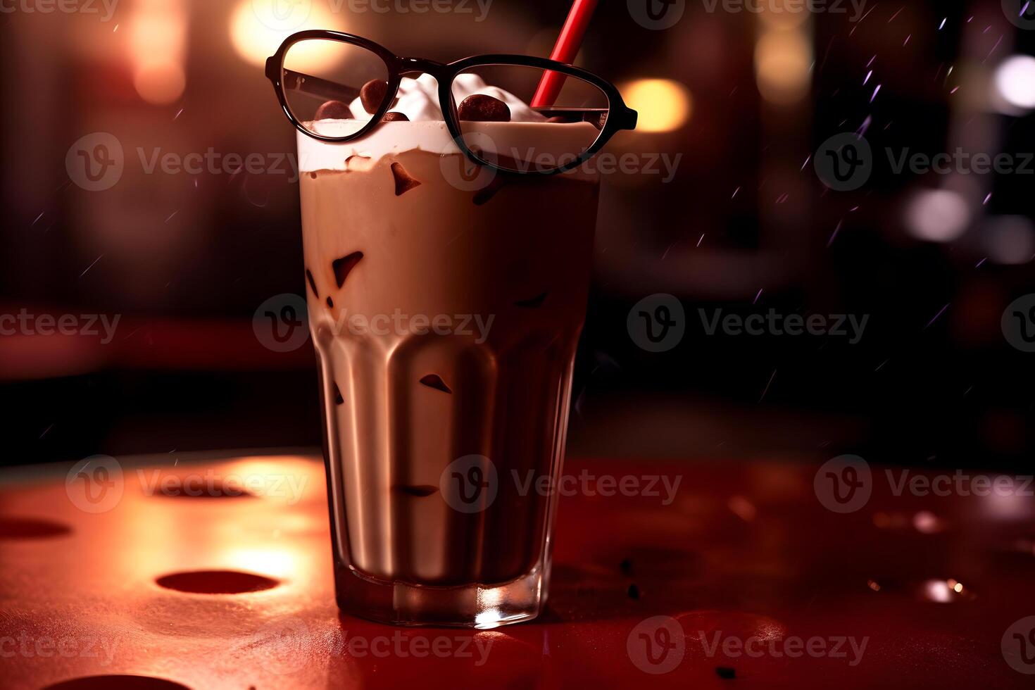 Iced coffee in a tall glass with a straw on a dark background AI Generated photo