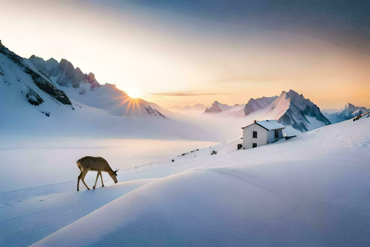 a deer stands in the snow in front of a house. AI-Generated photo