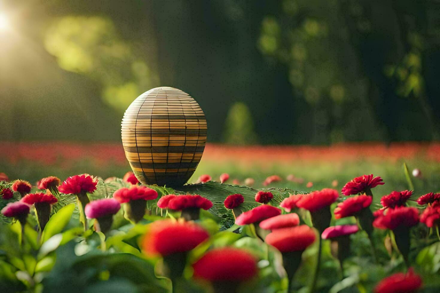 a wooden egg is sitting in a field of red flowers. AI-Generated photo