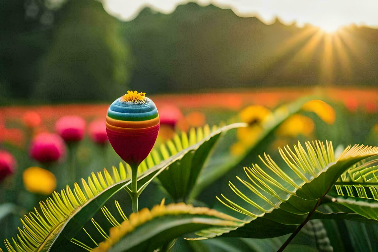 colorful tulips in a field with the sun in the background. AI-Generated photo