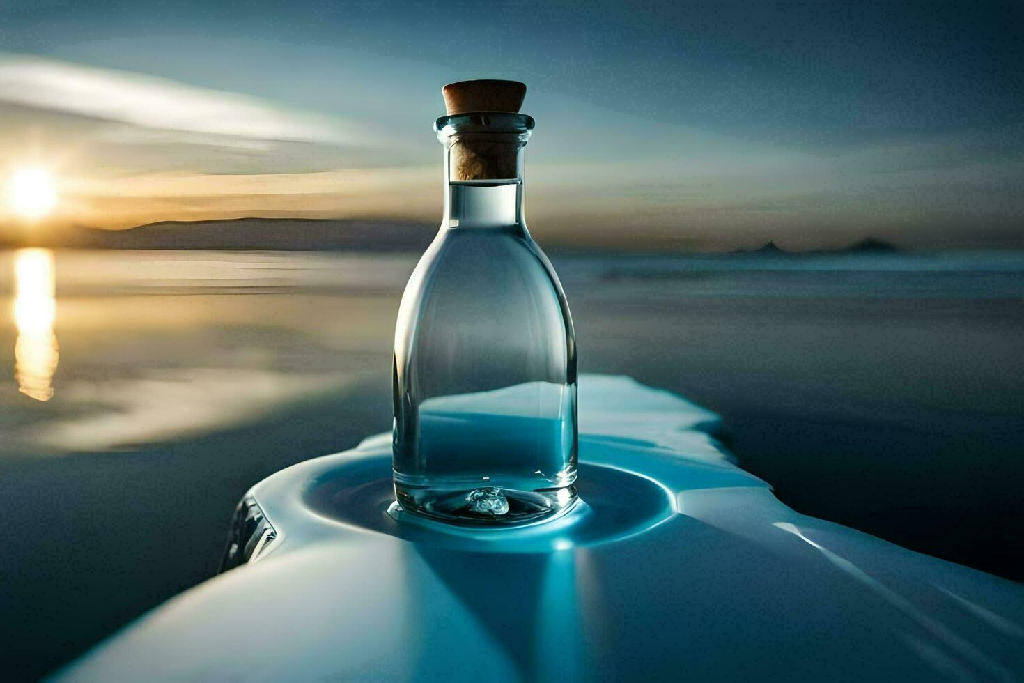 a bottle of water sits on top of an iceberg. AI-Generated photo