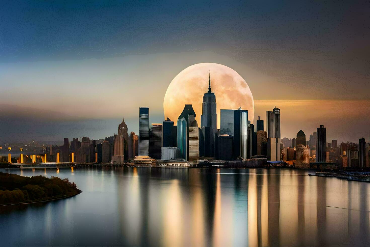 the moon rises over the city skyline at night. AI-Generated photo