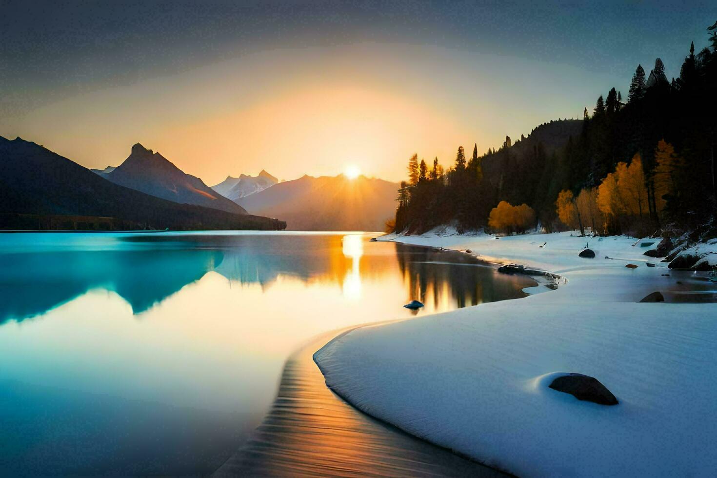 the sun rises over a lake and mountains. AI-Generated photo