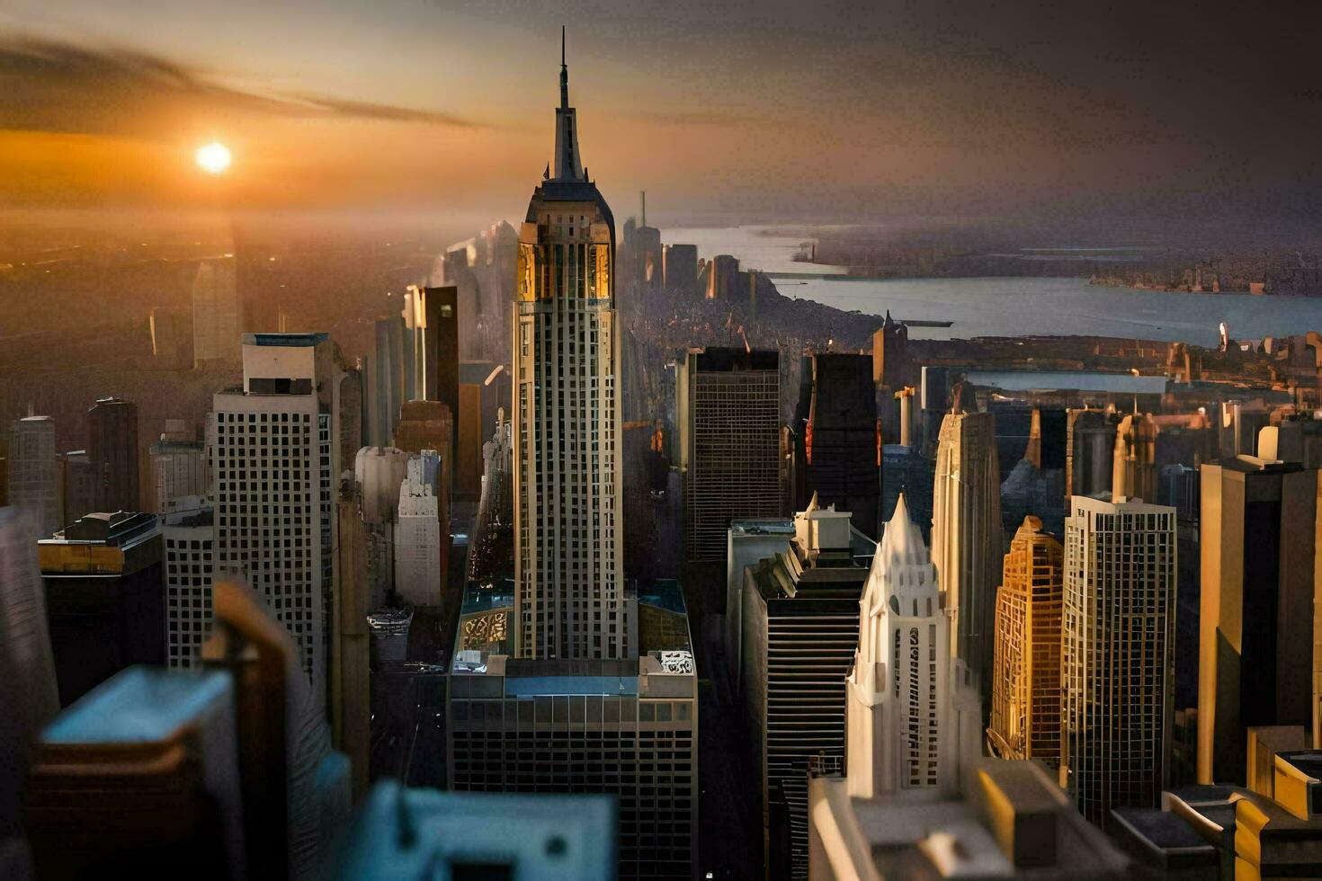 the empire state building is seen in the background as the sun rises. AI-Generated photo