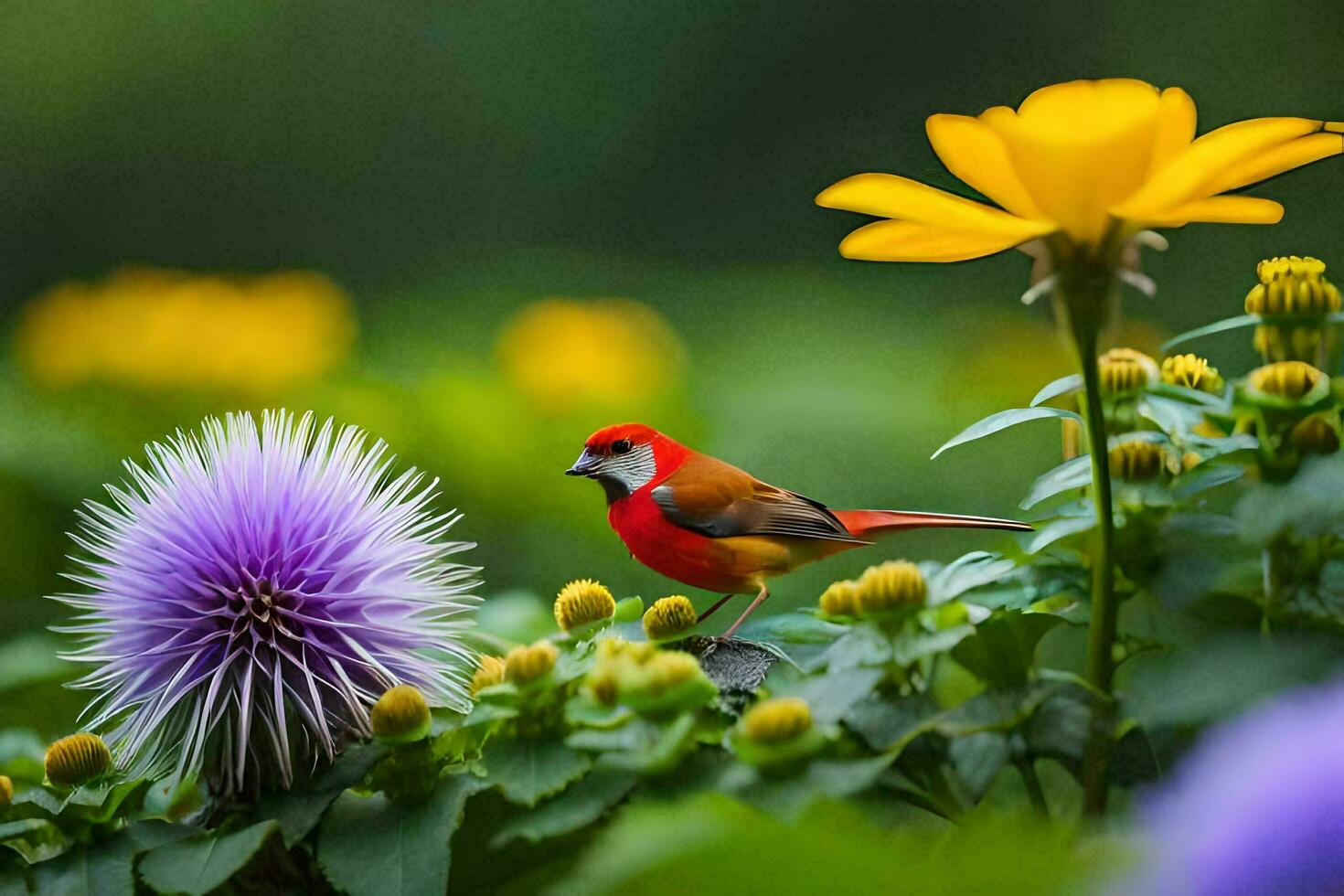 a bird is sitting on a flower and some purple flowers. AI-Generated photo