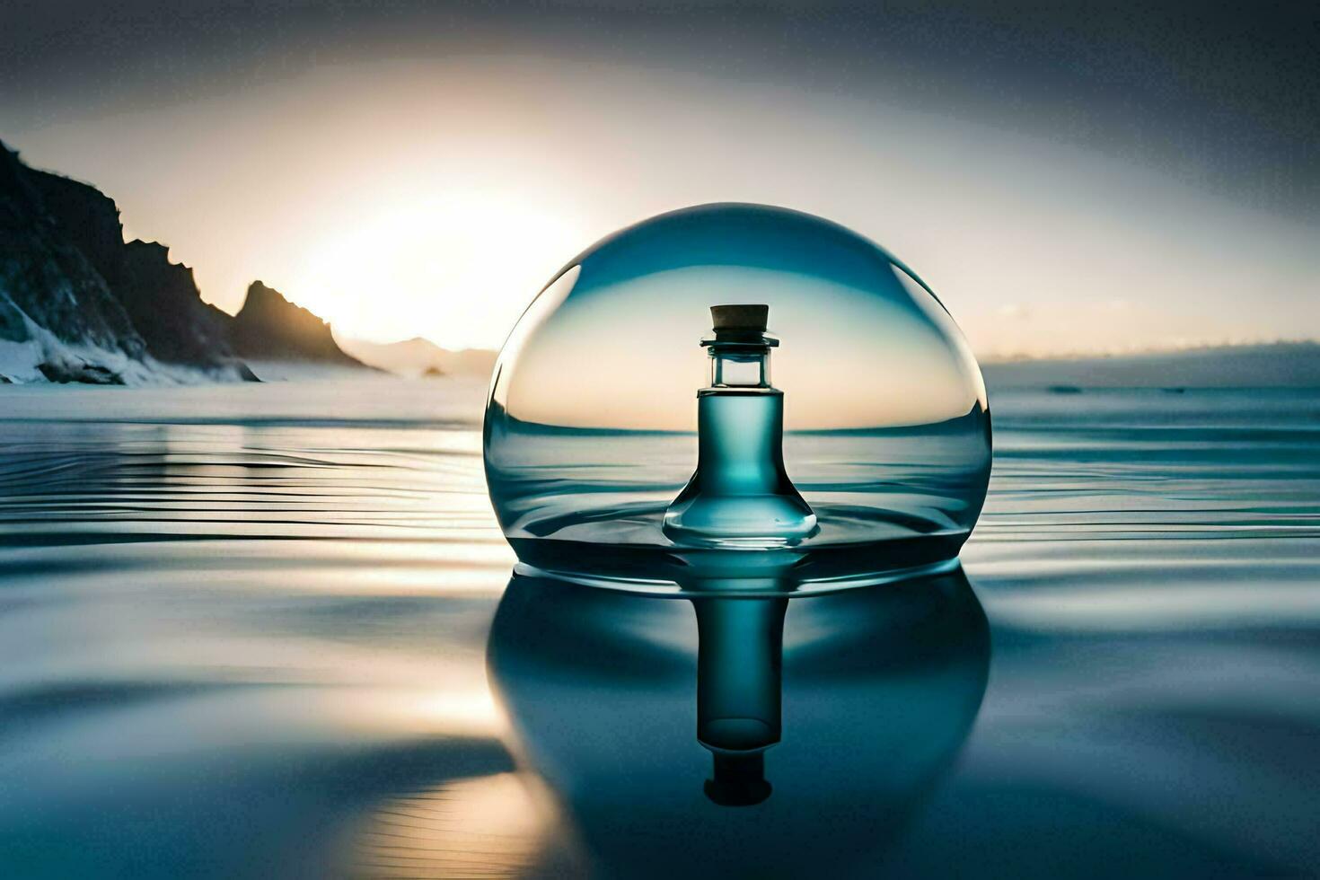 un botella de perfume se sienta en el agua. generado por ai foto