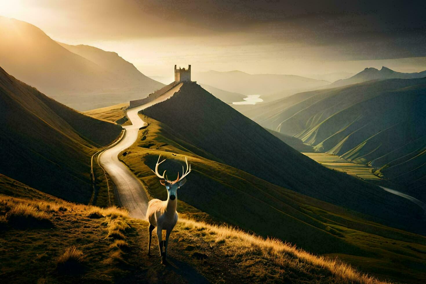 a deer stands on the side of a mountain with a castle in the background. AI-Generated photo
