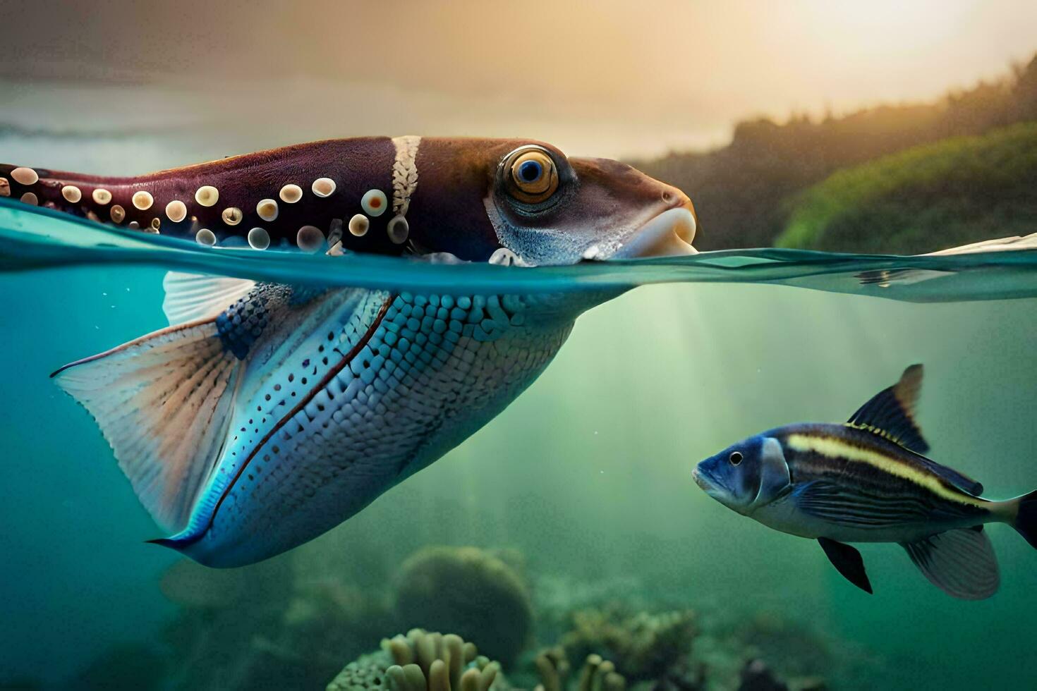 two fish swimming in the ocean with a coral reef in the background. AI-Generated photo