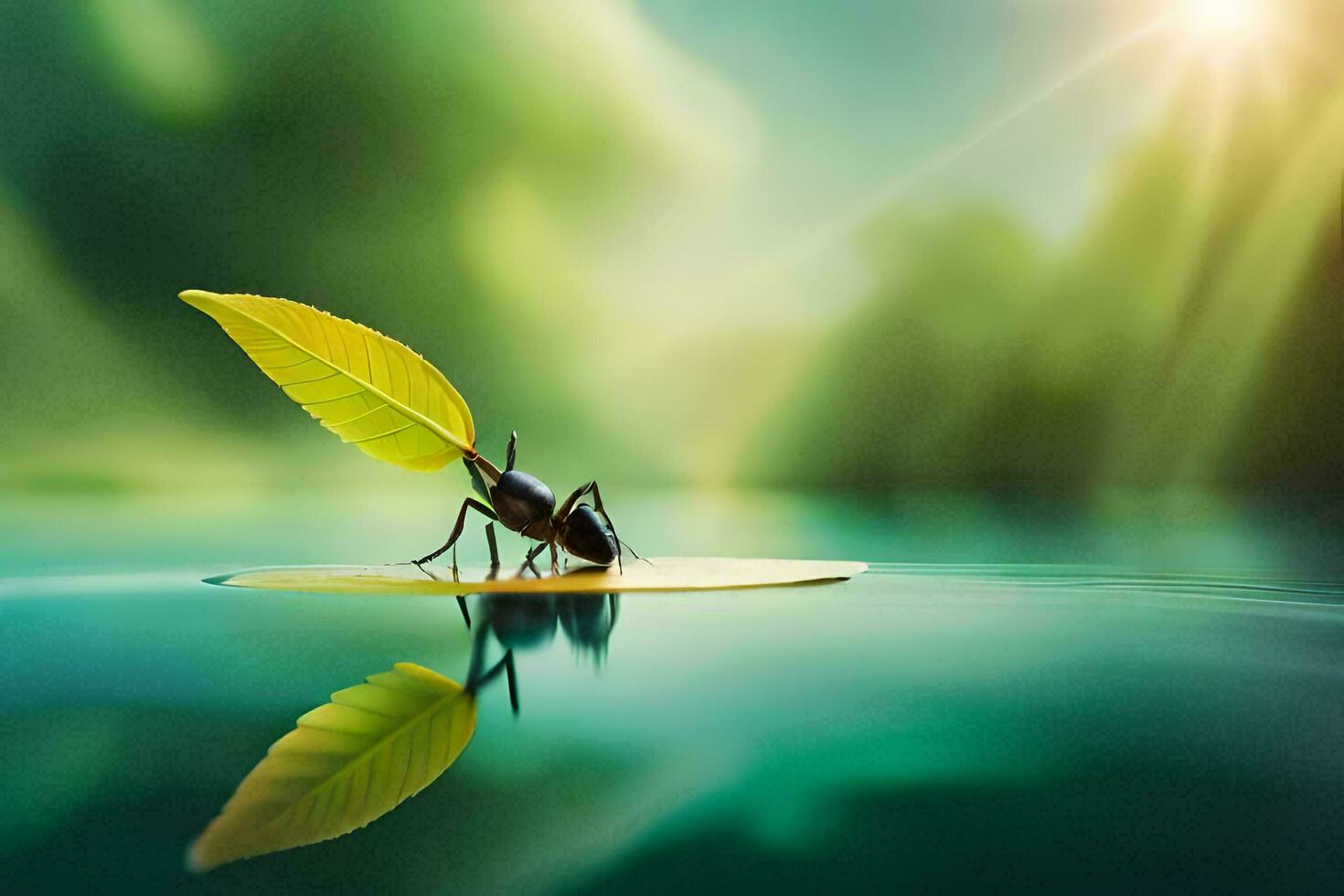 a bug sitting on a leaf in the water. AI-Generated photo