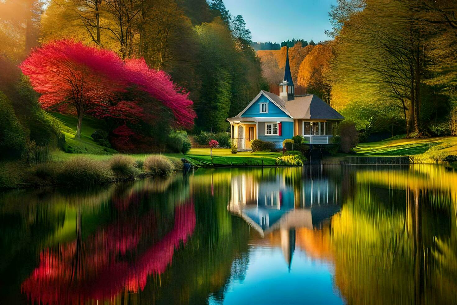 a house sits on the edge of a lake surrounded by trees. AI-Generated photo