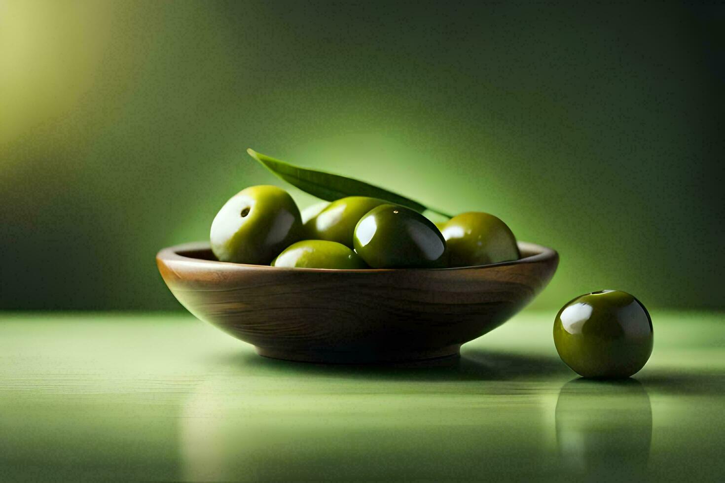 olives in a wooden bowl on a green background. AI-Generated photo
