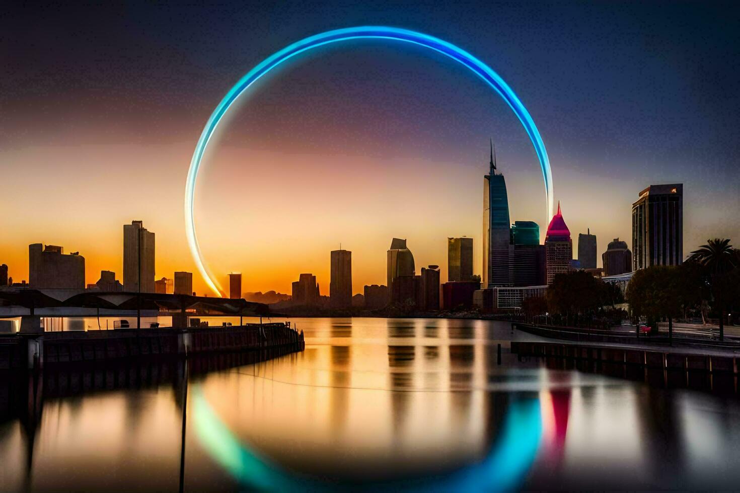 a circular ring in the middle of a city at sunset. AI-Generated photo