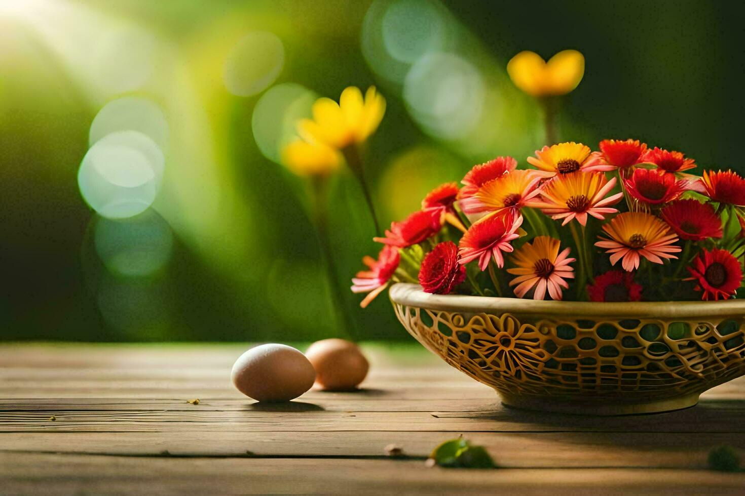 flower bouquet in a bowl on a table. AI-Generated photo