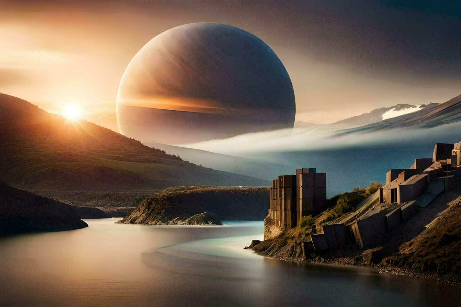 an alien planet with a castle in the middle of a lake. AI-Generated photo