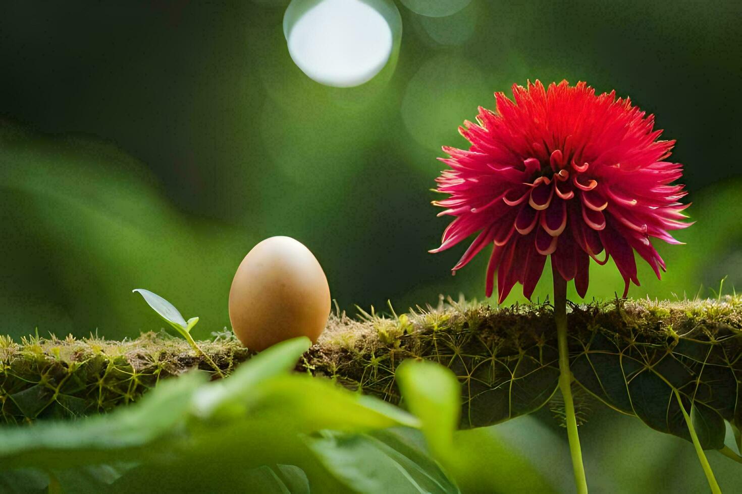 a red flower and an egg on a branch. AI-Generated photo