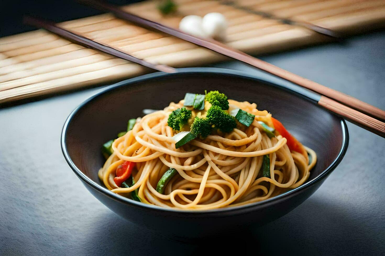 chinese noodles in a bowl with chopsticks. AI-Generated photo